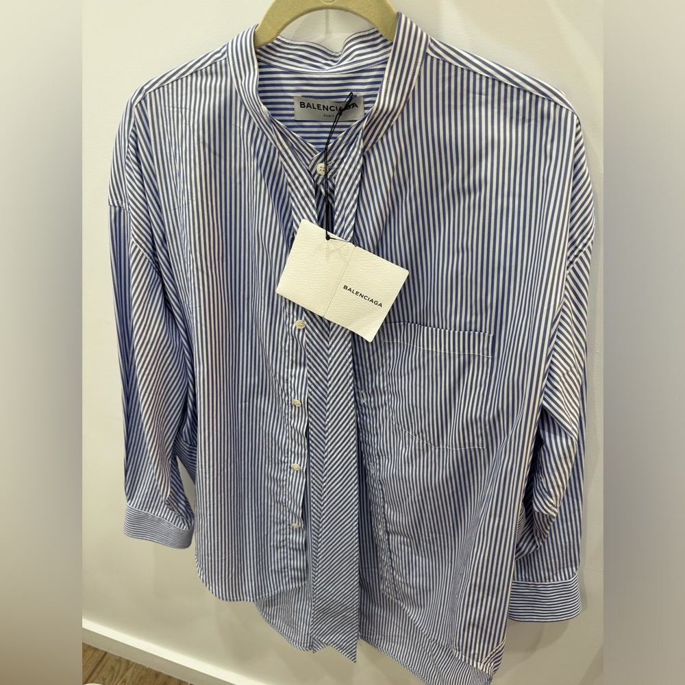 Balenciaga Women's Blue and White Striped Button Down Shirt